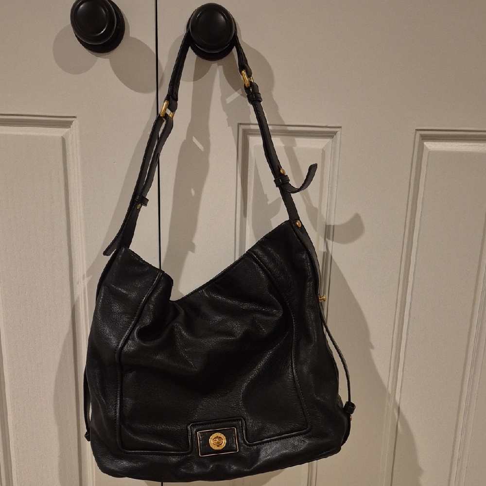 Marc Jacobs Black Leather Hobo Bag with Gold Accents